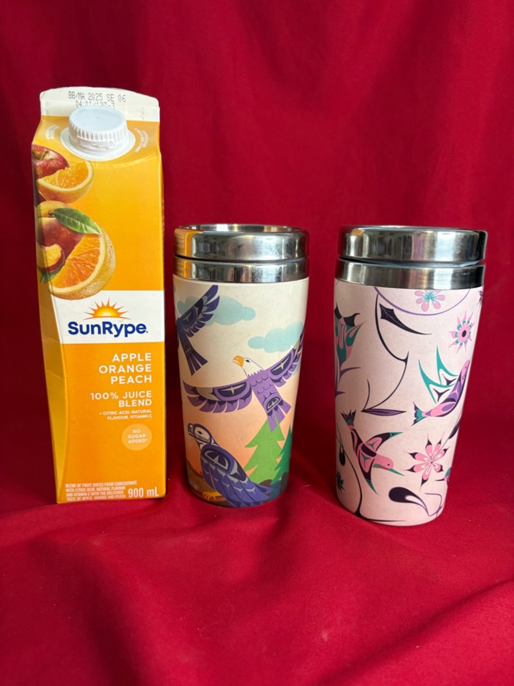 2- coffee travel, mugs, eagle and dragonfly motif